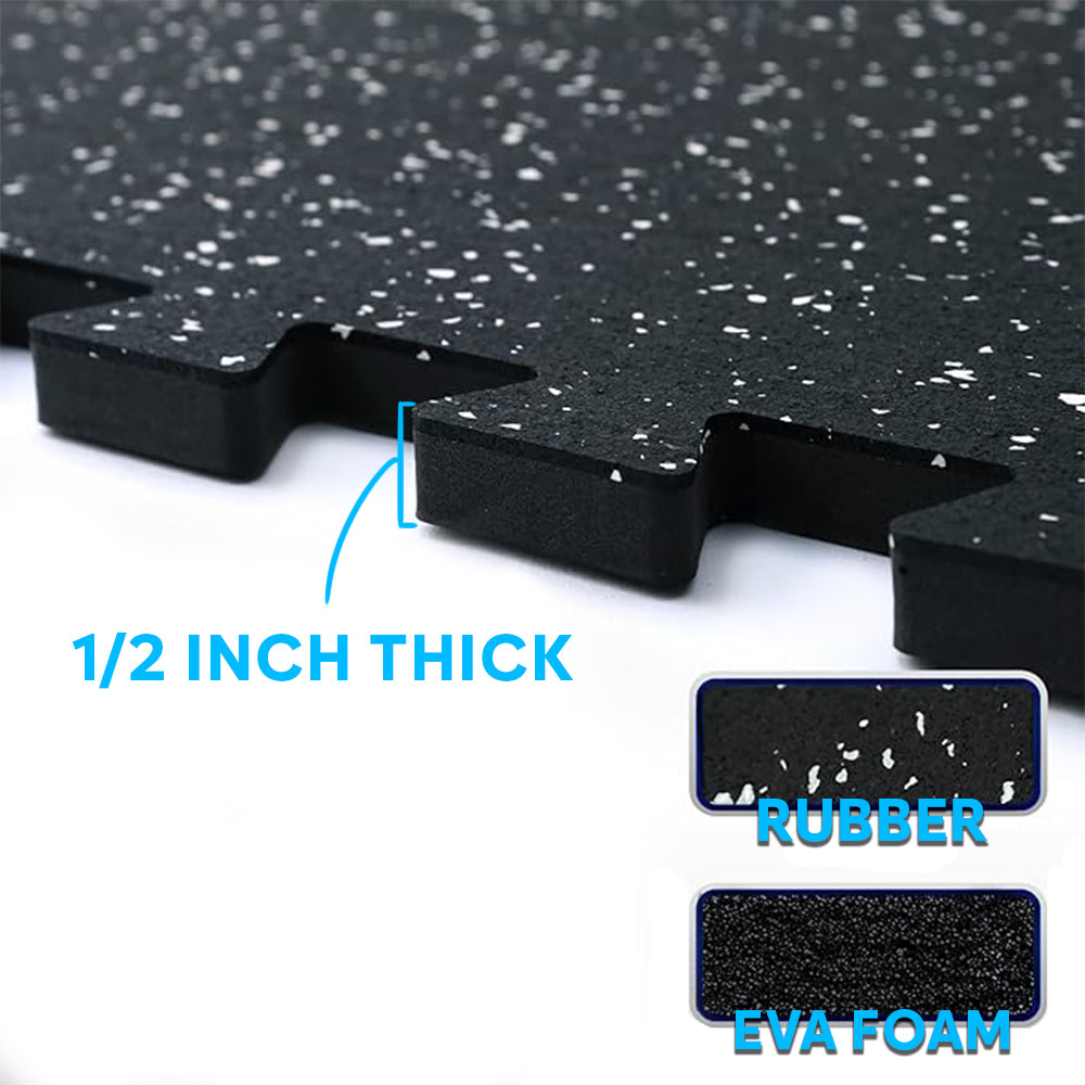 Durable 1/2 inch black rubber gym tiles Interlocking edges High-density rubber flooring Commercial gym flooring Shock absorption Slip-resistant surface Noise reduction Easy installation Eco-friendly recycled rubber tiles Textured surface for safety Low maintenance Home workout flooring Fitness studio flooring Heavy equipment protection Noise dampening Long-lasting performance Environmentally sustainable gym flooring Shock-absorbent rubber tiles Anti-slip gym tiles Professional gym aesthetics